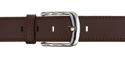 Leather belt with a silver buckle on a white background.