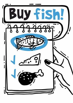 grocery list in a notebook buy fish comics blue