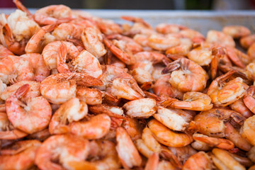 Close up of grilled prawns. Street food