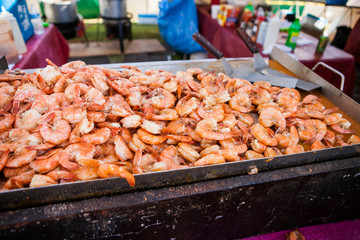 Close up of grilled prawns. Street food