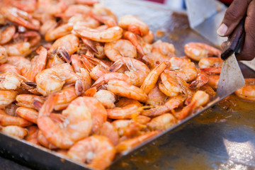 Close up of grilled prawns. Street food