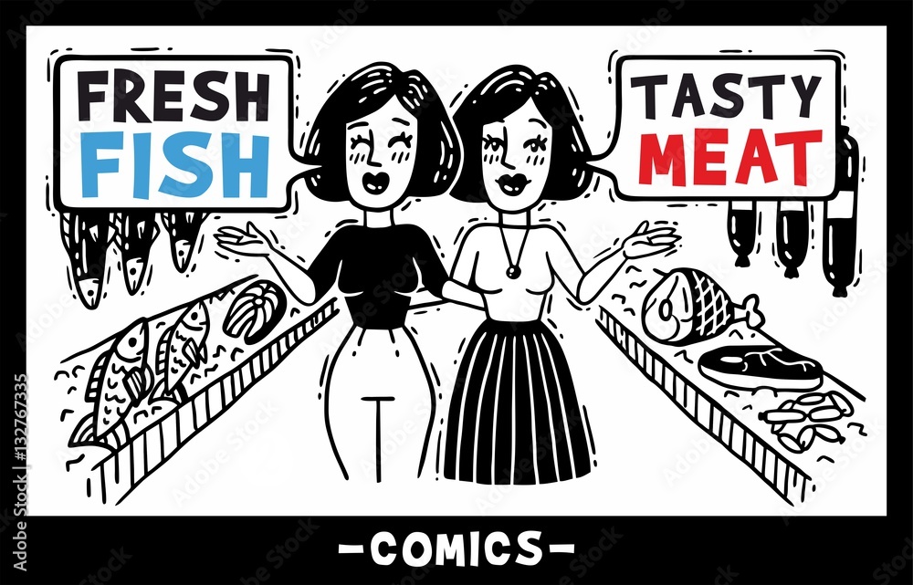 Wall mural twins in the store choosing meat and fish comics