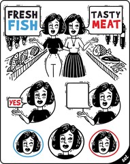 two women talking and show the meat and fish comics set