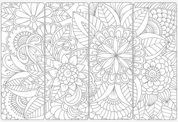 Vector set of monochrome bookmarks .Floral doodling for coloring