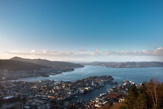 Norway city bergen aerial view on fjord from the Mount Floyen in winter