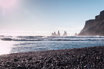 Iceland Vik coast the black beach ocean shore with mountain rock formations - 132769901