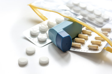 concept asthma and treatment on white background top view