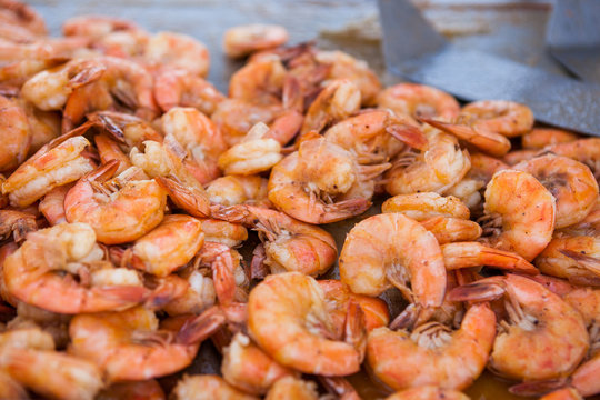 Lots Of Grilled Large Delicious Shrimp. Street Food Festival