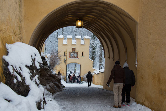 Main gate of Hohenschwangau Castle in winter time. Germany.