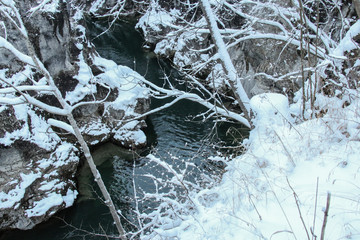 Gorge on the Lech river in winter time. Fussen. Germany.