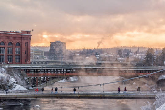 Winter sunset over pedestrian bridge in Spokane