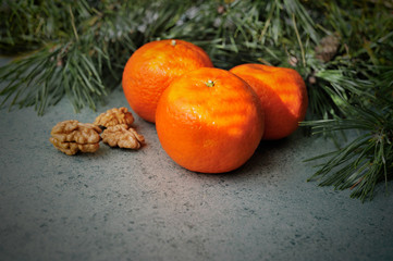 Fototapeta na wymiar tangerines and nuts on textured surface with needles