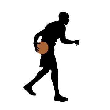 Basketball player standing and dribbling the ball, vector silhou