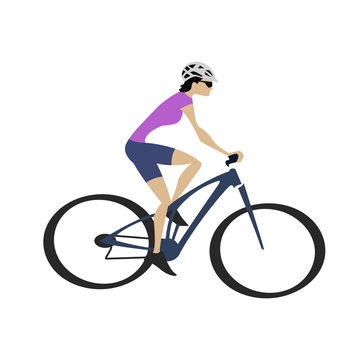 Cycling woman in purple jersey with dark blue bike, cartoon vect