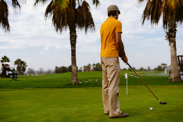 Fototapeta premium Back view of active man holding playing vintage wooden golf club on palm tree grass field outdoors background.