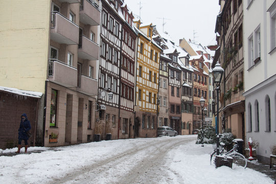 Colorfull street of Nuremberg in winter time. Bavaria. Germany.
