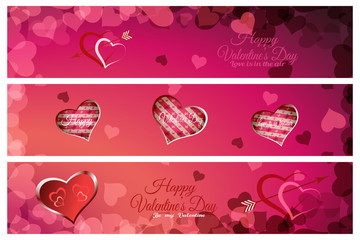 Vector set of greeting bookmarks for Valentine's Day on the abstract red and pink background with heart shape and text.