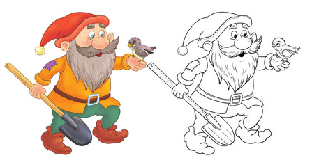 The Snow White and seven dwarfs. Fairy tale. A cute dwarf. Coloring page.  Funny cartoon characters