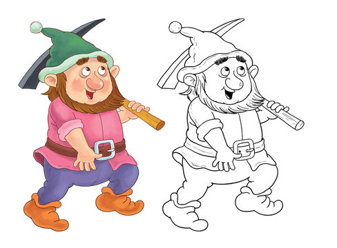 The Snow White and seven dwarfs. Fairy tale. A cute dwarf. Coloring page.  Funny cartoon characters