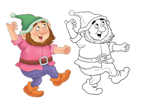 The Snow White and seven dwarfs. Fairy tale. A cute dwarf. Coloring page.  Funny cartoon characters