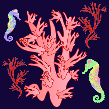 кораллы и морские коньки на синем фоне, векторная иллюстрация