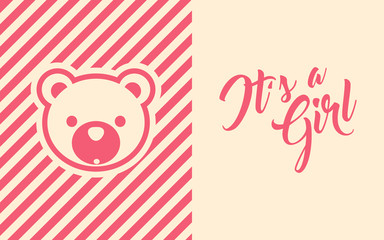 Pink baby girl shower invite greeting card with bear design