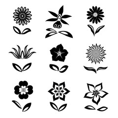 Flower icons set. Chamomile, daisy, orchid, cloves. Floral symbols. Flat graphic signs with leaves. Black silhouettes on white background. Vector isolated - 132776549
