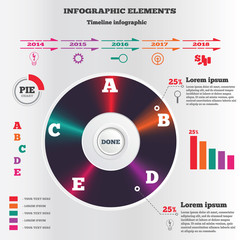 Infographics elements. Vintage record symbol. Pie chart and timeline diagram with icons. Business flat banners. Five step option set. Colored signs. Vector - 132776703