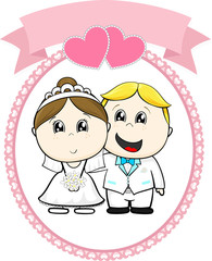 cute bride and groom with white suit on round frame whit hearts and empty banner isolated on white background