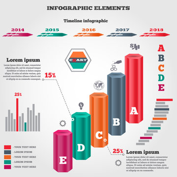 Infographics elements. Three dimensional columns. Chart of data with icons and shadow. Business five step options. Prismatic solid, timeline diagram. Colored banner. Vector