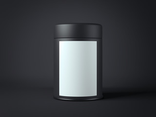 Black jar with white label. 3d rendering