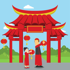 chinese girl helping his father placing chinese lantern