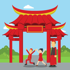 chinese kids playing infront of chinese gate
