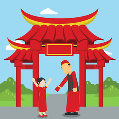 chinese man giving hang bao to his daughter