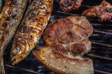 beside the street a small restaurant bbq sea food and pork for sale to tourist