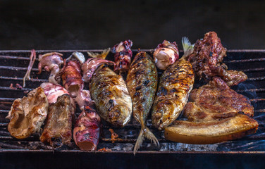 beside the street a small restaurant bbq sea food and pork for sale to tourist