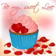 Happy Valentine's Day card with cupcake, pearls and rose petals. Background for valentine's day. Greeting card in cartoon style. Vector illustration. Holiday Collection.