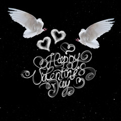 Happy Valentines day vintage lettering written by fire or smoke over black background with two...