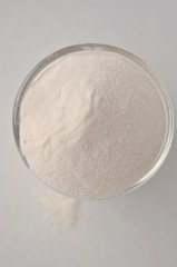 Xanthan gum - a white powder of plant origin for gluten free baking and cooking, closeup on white background
