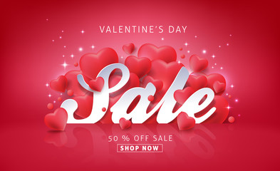Naklejka premium Valentines day sale background with Heart Shaped Balloons. Vector illustration.banners.Wallpaper.flyers, invitation, posters, brochure, voucher discount.