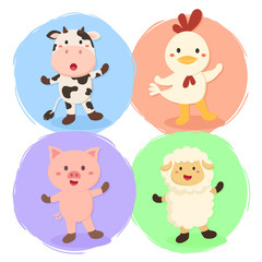 Obraz premium Cute Farm Animal Set Cow, Chicken, Sheep, and Pig on colorful background vector illustration cartoon
