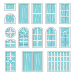 Windows 3d flat cartoon set isolated on white background. Interior elements. Vector illustration