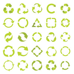 Obraz premium Recycle eco signs set in green flat style. elements of illustration, emblems, infographic.