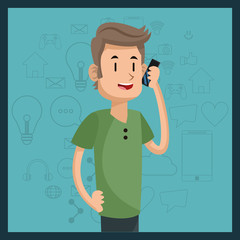 young man talking smartphone media green background vector illustration eps 10