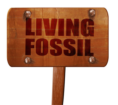 living fossil, 3D rendering, text on wooden sign