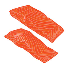 Salmon slices on white background. Fresh organic salmon vector i