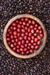 Coffee beans and fresh berries beans background