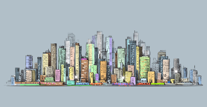 City skyline panorama, hand drawn cityscape, vector drawing architecture illustration
