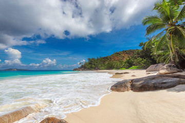  Anse Georgette Beach on Praslin island in Seychelles, Excellent seascape view with big stones and palm tree.