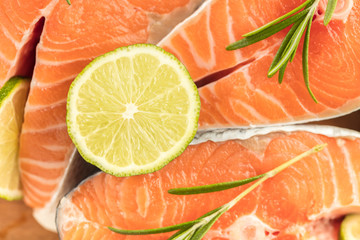 salmon with lemon slice close-up